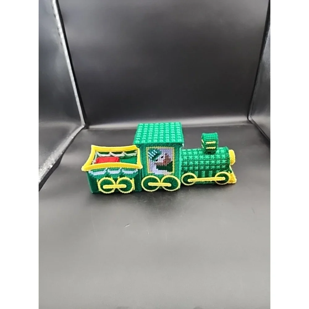 Vtg Canvas Needlepoint Christmas Train Engine & Coal Car W/2 Gifts Holiday Decor